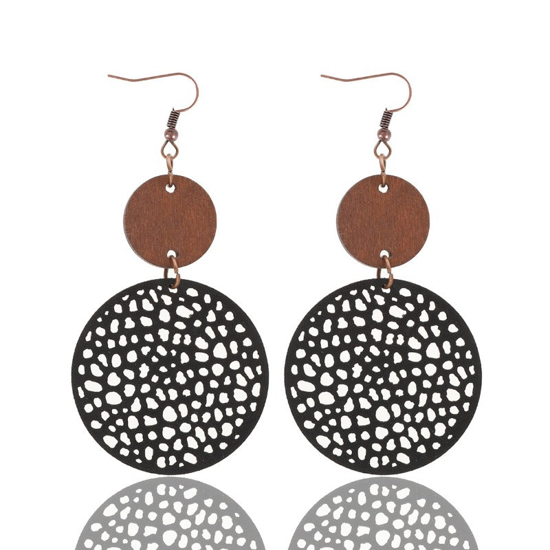 Wholesale Hollow Wood Piece Combination Leather Round Mesh Earrings